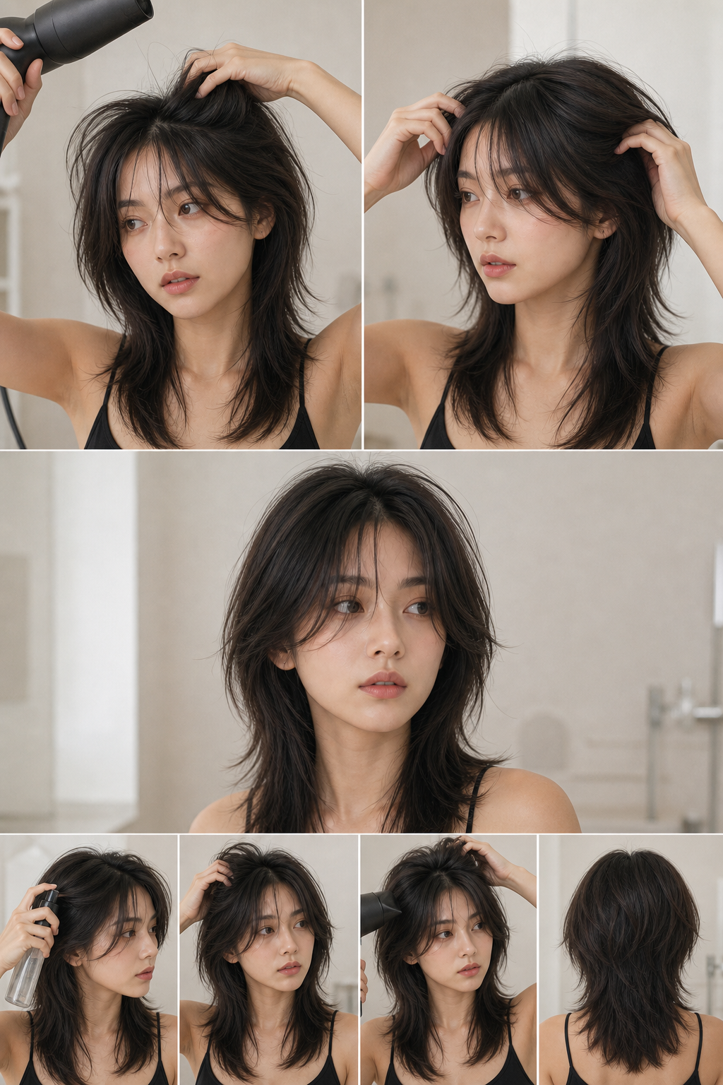At-home wolf cut styling reference showing crown lift and piecey ends